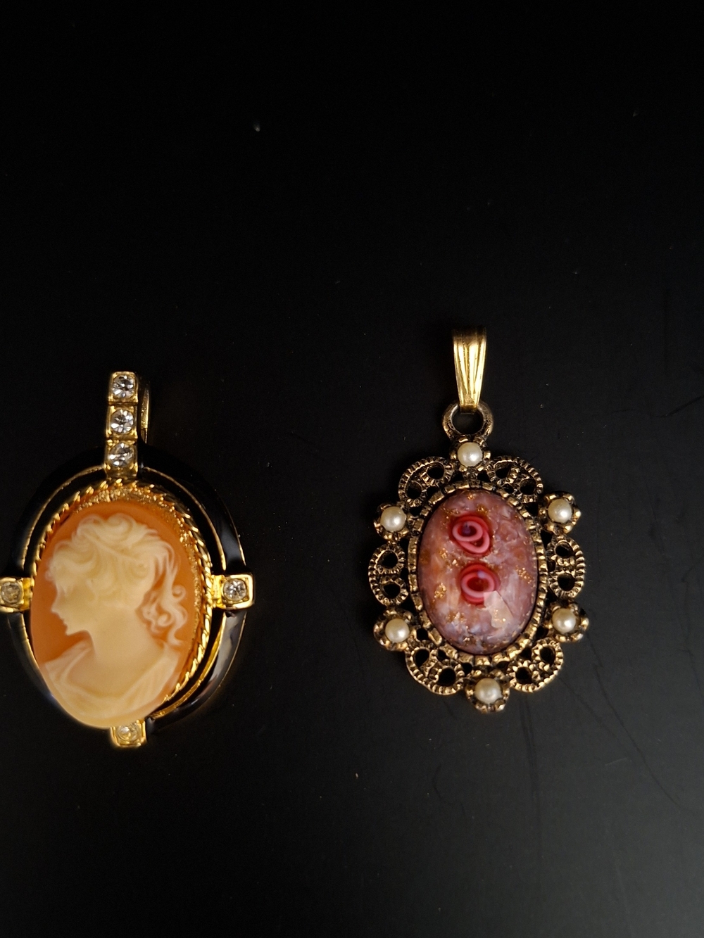 2 Vintage-Inspired Gold Tone Pendants with Pink Murano Like Glass And Faux Shell
